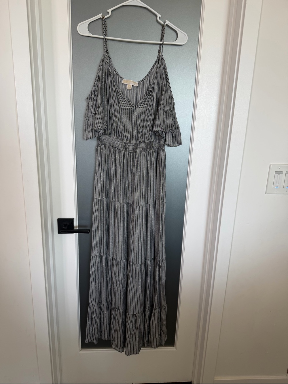 Michael Kors Striped Cold-Shoulder Maxi Dress in Gray